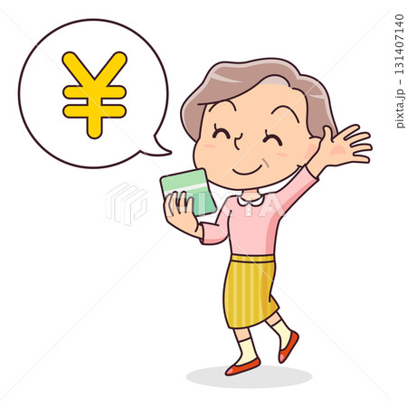 通帳に入金があり喜ぶシニア女性のイラスト 通帳に入金があり喜ぶシニア女性のイラスト 131407140