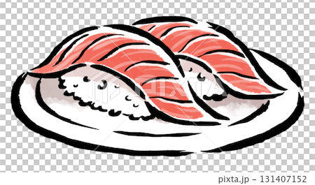 皿に盛った寿司のトロ（2貫）　筆タッチ手描きイラスト 131407152
