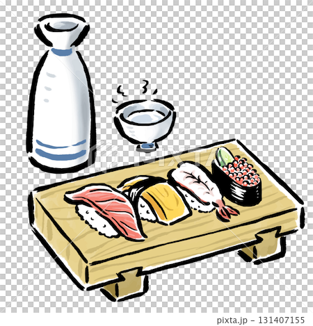 Sushi served on sushi sandals and hot sake Sushi served on sushi sandals and hot sake 131407155