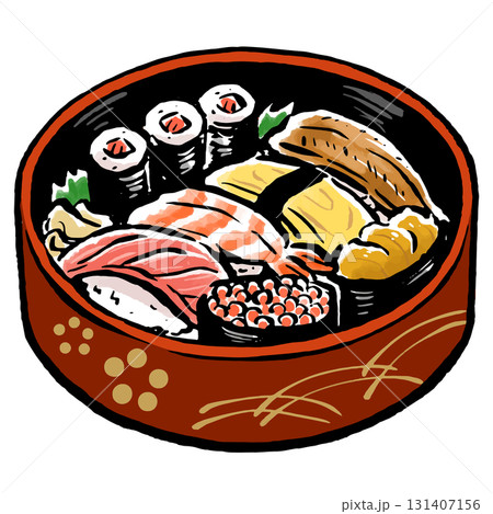 小さめの寿司桶に盛りつけられた寿司　筆タッチ手描きイラスト 131407156