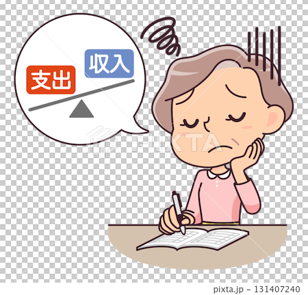 一位老年婦女在記家庭帳簿時擔心自己的赤字 一位老年婦女在記家庭帳簿時擔心自己的赤字 131407240