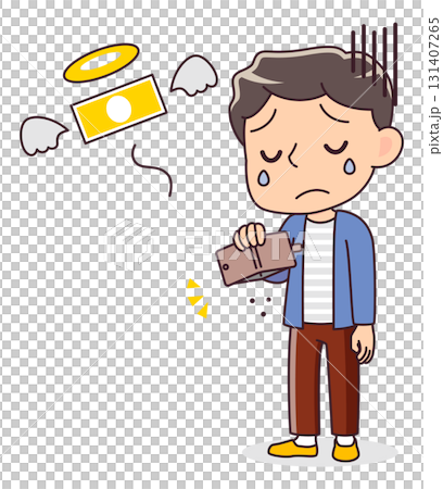 Illustration of a man sad because his wallet is empty 131407265