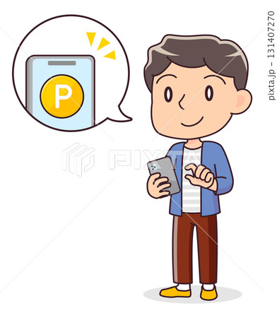 スマホでポイ活をする男性のイラスト スマホでポイ活をする男性のイラスト 131407270