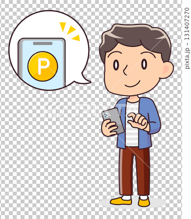 スマホでポイ活をする男性のイラスト スマホでポイ活をする男性のイラスト 131407270