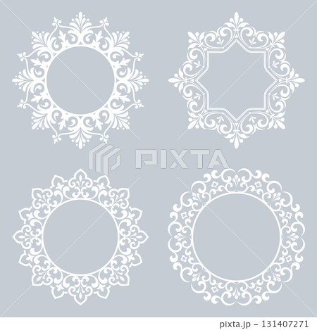 Set of decorative frames Elegant vector element for design in Eastern style, place for text. Floral gray and white borders. Lace illustration for invitations and greeting cards 131407271