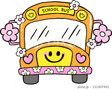 Groovy Retro School Supply School Bus with Flowers and Smiling face icons Doodle Hand Drawn 131407481