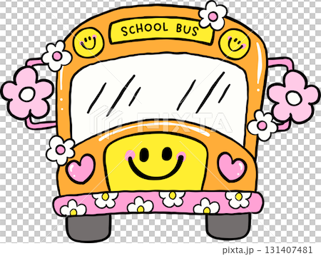 Groovy Retro School Supply School Bus with Flowers and Smiling face icons Doodle Hand Drawn 131407481