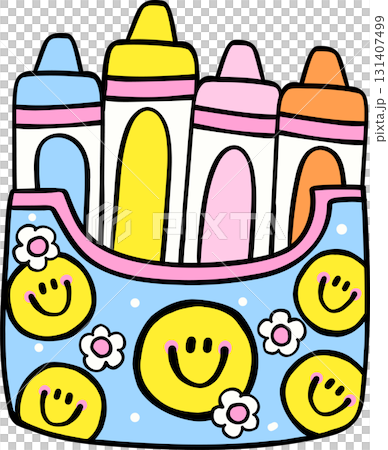 Groovy Retro School Supply Crayon Box With Smile Faces Pattern Doodle Hand Drawn 131407499
