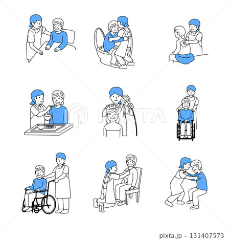 高齢者と介護士の1日イラストセット 131407573