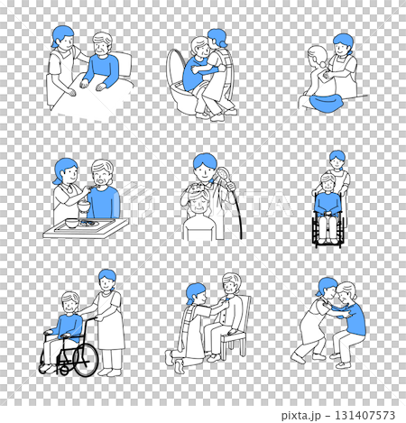 高齢者と介護士の1日イラストセット 131407573