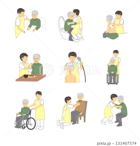 高齢者と介護士の1日イラストセット 131407574