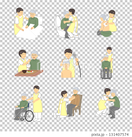 高齢者と介護士の1日イラストセット 131407574
