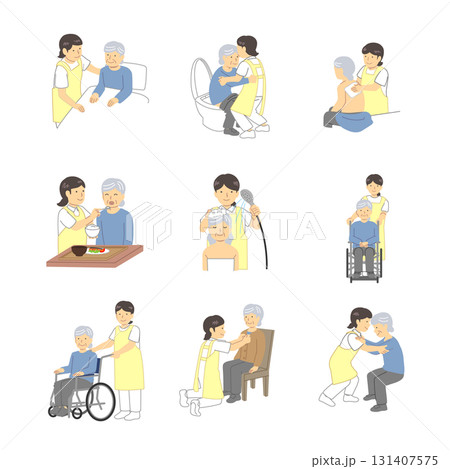高齢者と介護士の1日イラストセット 131407575