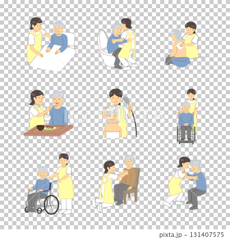高齢者と介護士の1日イラストセット 131407575