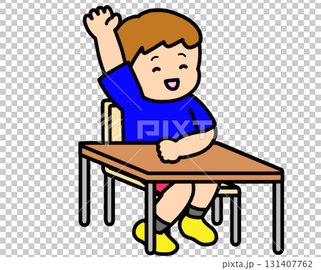 Boy raising his hand with desk Boy raising his hand with desk 131407762