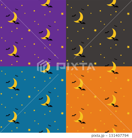 ハロウィン向け三日月とコウモリのシームレスパターンセット 131407794