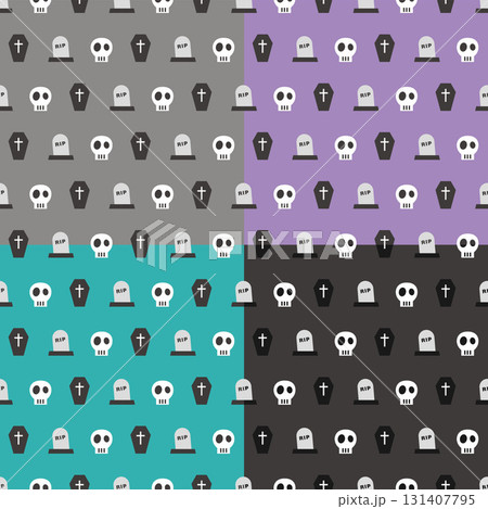 ハロウィン向け可愛いドクロとお墓と棺桶のシームレスパターン ハロウィン向け可愛いドクロとお墓と棺桶のシームレスパターン 131407795
