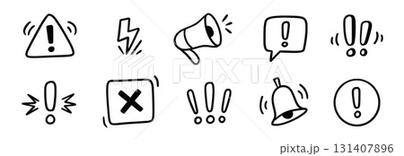 Doodle warning sign icon set. Hand drawn warning marks and exclamation signs capture alert messages, danger zones and road safety risks. Doodle sketch stop, danger icon. Vector 131407896