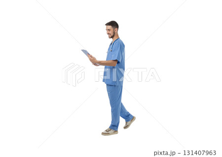 Male doctor walks while holding medical paperwork, isolated, PNG 131407963