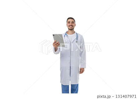 Doctor in a white coat with a tablet, isolated, PNG Doctor in a white coat with a tablet, isolated, PNG 131407971