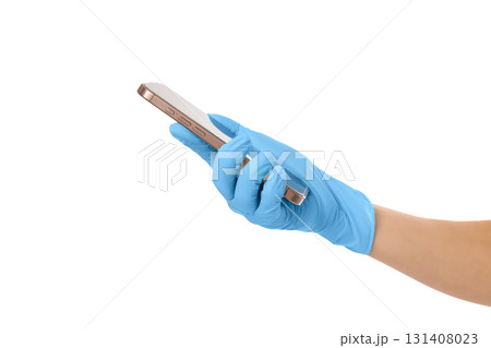 Hand in blue glove with smartphone, isolated on white, PNG 131408023