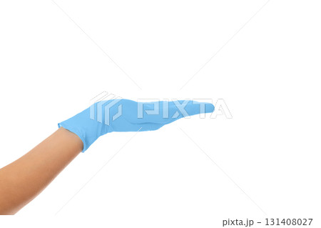 Blue-gloved hand ready for demo, isolated on white, PNG Blue-gloved hand ready for demo, isolated on white, PNG 131408027