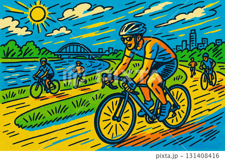 上尾市・荒川沿いをサイクリングする風景イラスト 131408416