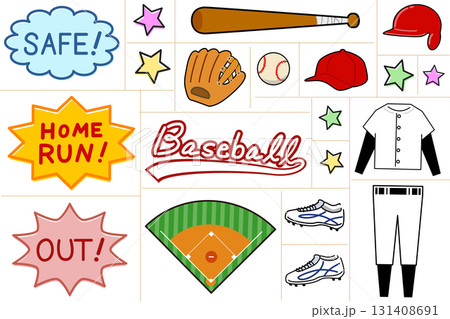 ポップで楽しい野球アイテムセット|バット,ボール,グローブ,ユニフォーム,野球場 ポップで楽しい野球アイテムセット|バット,ボール,グローブ,ユニフォーム,野球場 131408691