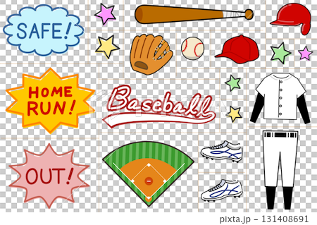 Pop and fun baseball item set | Bat, ball, glove, uniform, baseball field 131408691