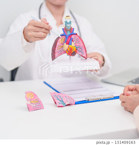 Doctor with Respiratory system. Elderly Patient consultation medical health for Lung Cancer, Asthma, Chronic Obstructive Pulmonary, Bronchitis, Emphysema, Cystic Fibrosis, Bronchiectasis, Pneumonia Doctor with Respiratory system. Elderly Patient consultation medical health for Lung Cancer, Asthma, Chronic Obstructive Pulmonary, Bronchitis, Emphysema, Cystic Fibrosis, Bronchiectasis, Pneumonia 131409163
