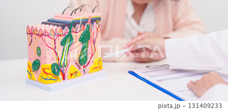woman Patient consultation Dermatologist with anatomy of skin and hair. Skin disease and Hair loss, Systemic Lupus Erythematosus or SLE, world lupus day, May Melanoma and Skin Cancer Awareness month 131409233