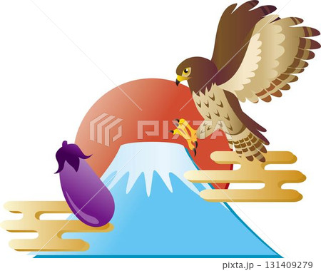 お正月素材 富士山、鷹、茄子の和風イラスト お正月素材 富士山、鷹、茄子の和風イラスト 131409279