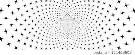 Rotating stars optical illusion background. Black and white hypnotic sparkles surface. Spinning spiral sparks poster design. Abstract trippy illusion wallpaper for banner, template design. Vector 131409609