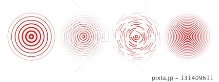 Red radial concentric circle set. Sound wave signal collection. Halftone, dashed and dotted rings for epicenter, target, radar, earthquake shockwave symbols. Vector ripple expansive vibration elements 131409611