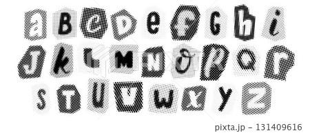 Retro pixelated letters design. Black halftone alphabet. Comic pop art cut out font. Rasterized bitmap English alphabet. Old-fashioned newspapers typography pack. Vector aged textured dotted abc set Retro pixelated letters design. Black halftone alphabet. Comic pop art cut out font. Rasterized bitmap English alphabet. Old-fashioned newspapers typography pack. Vector aged textured dotted abc set 131409616