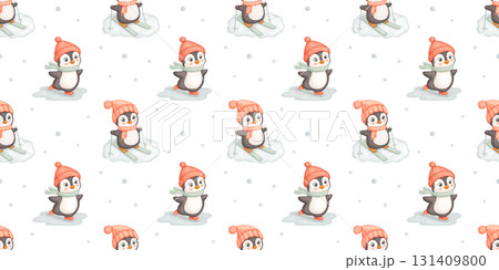 Seamless watercolor pattern with cute penguin skiing and skating, funny animal in red hat and scarf. Endless background for baby. Seamless watercolor pattern with cute penguin skiing and skating, funny animal in red hat and scarf. Endless background for baby. 131409800
