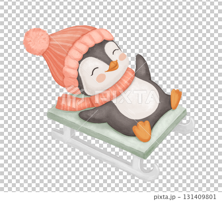 Cute penguin on sled, watercolor baby animal in red hat and scarf, winter activity, hand drawn illustration for kids, baby 131409801