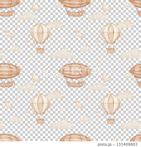 Seamless watercolor background with hot air balloon and airship in clouds, moon, hand drawn repeating illustrations on white background Seamless watercolor background with hot air balloon and airship in clouds, moon, hand drawn repeating illustrations on white background 131409803