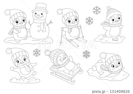 Cute baby penguin with snowman, skiing and sledding, winter animal in hat and scarf, outline illustration for coloring page, black and white set Cute baby penguin with snowman, skiing and sledding, winter animal in hat and scarf, outline illustration for coloring page, black and white set 131409820