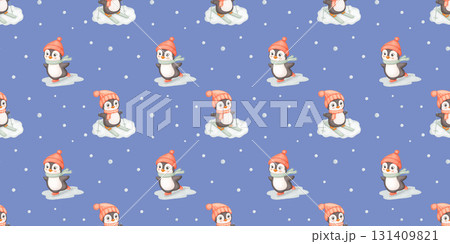 Seamless watercolor pattern with cute penguin in red hat and scarf in winter. Endless background for kids. Penguin skiing and skating on blue backdrop Seamless watercolor pattern with cute penguin in red hat and scarf in winter. Endless background for kids. Penguin skiing and skating on blue backdrop 131409821