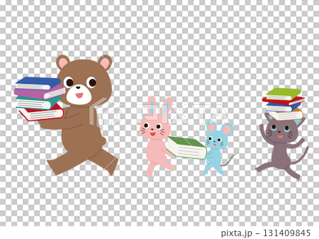行列になって本を運んでいるかわいい動物たち 131409845