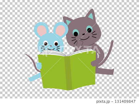 一隻貓和老鼠一起開心地讀書 一隻貓和老鼠一起開心地讀書 131409847