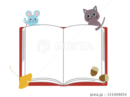 読書の秋 ネコとねずみと紅葉本のフレーム 読書の秋 ネコとねずみと紅葉本のフレーム 131409854