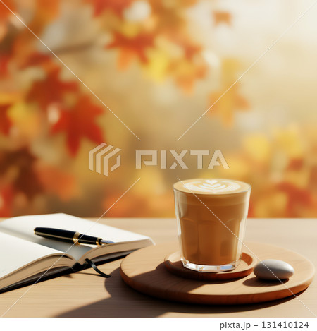 Latte with open notebook and pen on table Latte with open notebook and pen on table 131410124