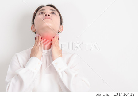 business Woman checking Thyroid gland disease. Hand holding Neck pain and Sore Throat. Hyperthyroidism, Hypothyroidism, Hashimoto Thyroiditis, Thyroid Tumor and Cancer, Postpartum, Papillary Carcinoma 131410418