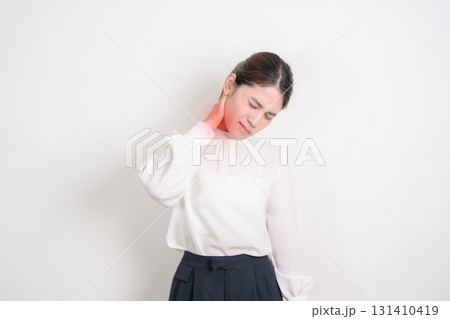 Business Woman having Neck pain for concepts of Neck Muscle Strain and Inflammation, Myofascial pain syndrome and Fibromyalgia, Rheumatism, Cervical Spine Spondylosis, Office Syndrome and Ergonomic 131410419