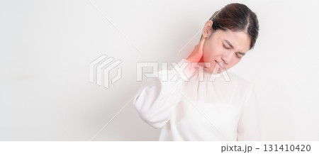Business Woman having Neck pain for concepts of Neck Muscle Strain and Inflammation, Myofascial pain syndrome and Fibromyalgia, Rheumatism, Cervical Spine Spondylosis, Office Syndrome and Ergonomic Business Woman having Neck pain for concepts of Neck Muscle Strain and Inflammation, Myofascial pain syndrome and Fibromyalgia, Rheumatism, Cervical Spine Spondylosis, Office Syndrome and Ergonomic 131410420