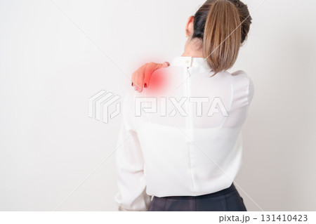 Business Woman having Shoulder Pain for Muscle Inflammation and Sprain, Myofascial ache syndrome and Fibromyalgia, Shoulder Myalgia, Scapular Tightness, Cervical Spine, Rheumatism and Office Syndrome Business Woman having Shoulder Pain for Muscle Inflammation and Sprain, Myofascial ache syndrome and Fibromyalgia, Shoulder Myalgia, Scapular Tightness, Cervical Spine, Rheumatism and Office Syndrome 131410423