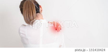 Business Woman having Shoulder Pain for Muscle Inflammation and Sprain, Myofascial ache syndrome and Fibromyalgia, Shoulder Myalgia, Scapular Tightness, Cervical Spine, Rheumatism and Office Syndrome 131410424