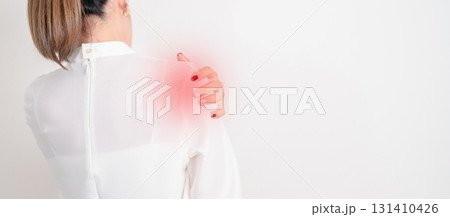 Business Woman having Shoulder Pain for Muscle Inflammation and Sprain, Myofascial ache syndrome and Fibromyalgia, Shoulder Myalgia, Scapular Tightness, Cervical Spine, Rheumatism and Office Syndrome Business Woman having Shoulder Pain for Muscle Inflammation and Sprain, Myofascial ache syndrome and Fibromyalgia, Shoulder Myalgia, Scapular Tightness, Cervical Spine, Rheumatism and Office Syndrome 131410426